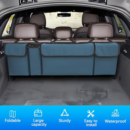 Car Trunk Organizer with Lid, Large Waterproof Vehicle Backseat Hanging Storage Bag with 4 Pockets & Adjustable Straps, Collapsible Automotive Interior Cargo Bag, Universal Fit (Blue) - color: Blue