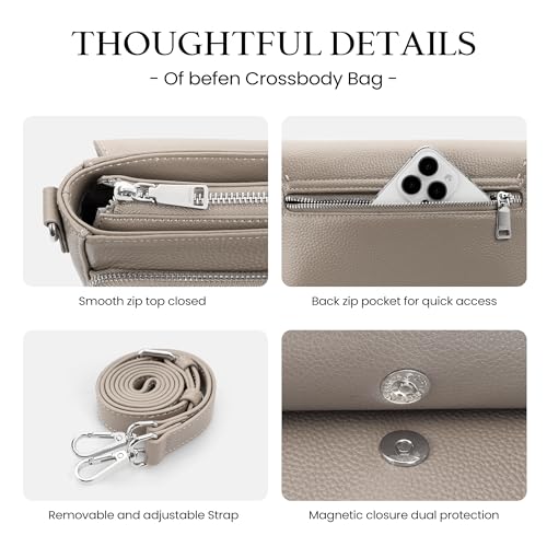befen Genuine Leather Crossbody Bags for Women Medium Purse with Built in RFID Wallet Womens Soft Cross Body Purse - color: Taupe