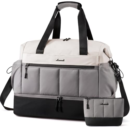 LOVEVOOK Travel Duffel Bag, Weekender Bags for Women, Large Overnight Bags with Shoe Compartment, 47L Carry on Gym Hospital Bag with Wet Pocket, 2 Pcs - color: Beige-Gray-Black, size: Extra Large-2 Pcs