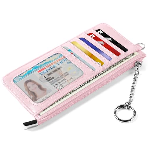 RFID Blocking Slim Credit Card Holder Wallet with Zipper Money Pocket & Keychain, Slim Airtag Wallet for Men Women - color: Cowhide Pink