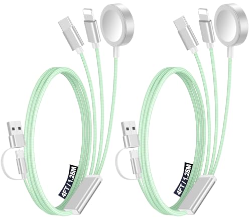 2Pack Multi Charging Cable Cord for Travel Essentials,Apple Watch Charger,iPhone Charger,[3-in-2] Type C/Lightning Cable Portable Designed for iWatch,iPhone 17-8,Galaxy S26-21,AirPods,iPad-4FT Green - color: Green, size: 2Pack-4FT