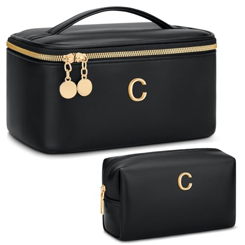 Personalized Initial Makeup Bag Gifts for Women, Large Travel Cosmetic Organizer with Handle & Divider, PU Leather Toiletry Bag for Girls, Birthday Bridesmaid Gift Set - Black - C - color: Black, style: C