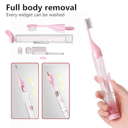 2Pcs Travel Toothbrushes Kit Fold Travel Size Toothbrushes Built-in Toothpaste Container, Including 2 Cleaner Head Soft Bristles for Camping, School, Business Trip (Blue, Pink) - color: Blue&pink