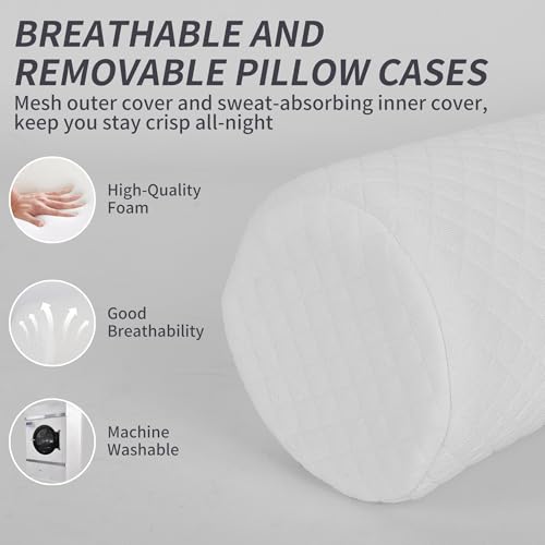 HJAHHSM Neck Roll Pillow, Memory Foam Neck Support Pillow | Round Cylinder Bolster Pillow for Bed, Couch, and Yoga, Removable Washable Cover