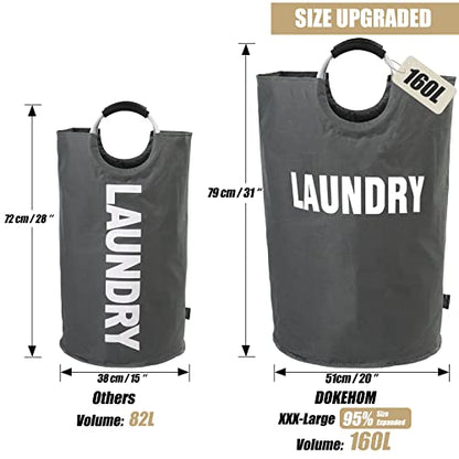DOKEHOM 160L XX-Large Laundry Basket (7 Colors), Collapsible Laundry Bag, Foldable Laundry Hamper, Folding Washing Bin (Dark Grey, XXL) - color: Dark Grey, size: 160L