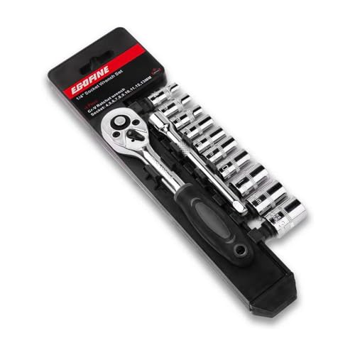 Egofine 12pcs 1/4 Inch Mini Ratchet Socket Wrench Set, Drive Socket Set with 10 Sockets (4-13mm) and 2 Way Quick Released Ratchet Handle and Extension Bar, Black - size: 1/4, style: 12PC Black Standard Socket Set