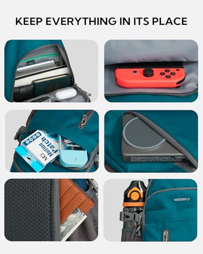 WATERFLY Small Crossbody Sling Bag: RFID Sling Backpack Chest Bag Travel Shoulder Multiple Pockets Hiking Daypack for Man Woman - color: Teal Blue