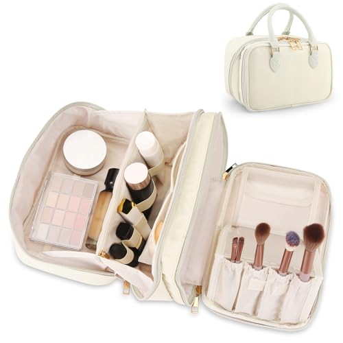 Travel Makeup Bag for Women Fashion Large Capacity Pouch Open Flat Cosmetic Portable Organizer Waterproof Large Opening Storage Toiletry Bags Vertical Free-Standing Brush Holder for Easy Access Beige - color: Beige