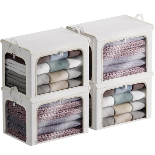 4 Pack Clothes Storage Bins with Metal Frame - 66L Stackable Storage Box with Lid，Foldable Storage Container Organizer for Clothes，Linen Fabric Storage Box with Clear Window＆Zippers＆Handles - color: Light Grey, size: 40L