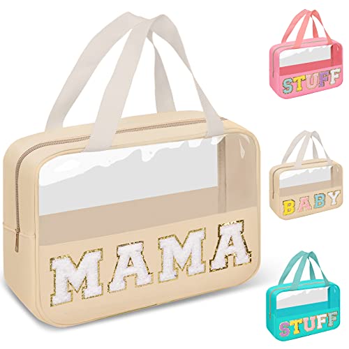 Preppy Clear Mama Makeup Bags with Chenille Letter Patches, Travel Essentials Large Clear Make up Bag Zipper Pouch with Handle, Waterproof Nylon Cosmetic Toiletry Storage Tote for Women (MAMA-Beige) - color: MAMA-Beige