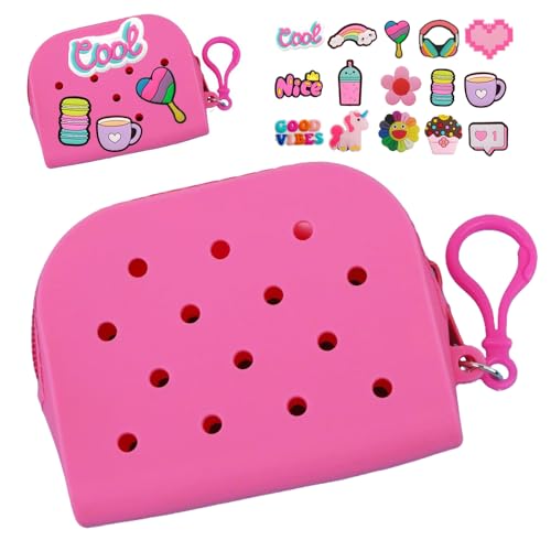 Soft Silicone Mini Coin Purse with Zipper and Cartoon Hole,with 15 pcs DIY Charms. Portable Keychain Pouch Organizer (Rose Pink) - color: Rose Pink