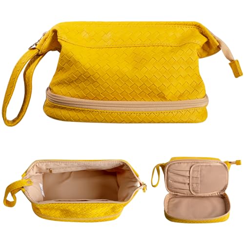 Abiudeng Large Capacity Makeup Bag Ladies Cosmetic Bag Travel Bag with Compartments Portable PU Leather Travel Makeup Bag with Handle - color: Lozenge-Yellow