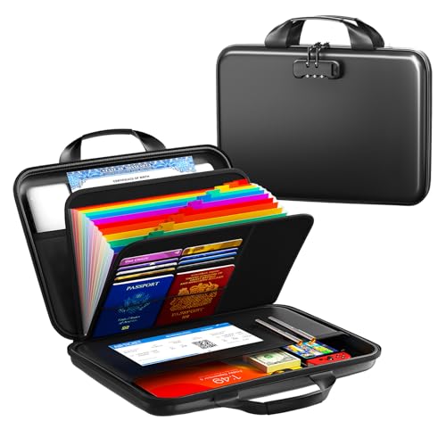Fireproof Document Organizer with Lock, Rigid EVA File Box with 13-Pocket Accordion Folder for Important Documents & Tablets under 11", Lightweight Safe Storage for Home, Office & Travel (Small Size) - color: Black