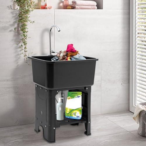 Utility Sink Laundry Tub, Indoor Outdoor Utility Sink with 360° Rotating Faucet, Hoses and Drain Kit, Freestanding Utility Sink for Laundry Room, Garage, Garden - color: Black, 23.6 x 15.8 x 30.1in