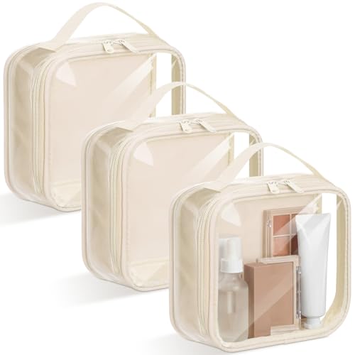 Abbylike 3 Pcs Small Toiletry Bags Reusable Quart Size Travel Liquid Pouch Single-sided Clear PVC Carry-on Organizer with Handle Cosmetic Bags for Airport Security Women Men(Beige) - color: Beige