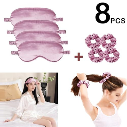 Satin Eye Mask 8Pcs Silk Sleep Masks Silky Blindfold Eyeshade Blackout Eyes Cover Scrunchies Hair Ties Travel Wedding Gifts - color: Mauve