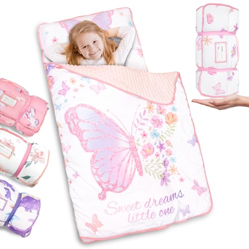 Primlect Thickened Toddler Nap Mat with Removable Pillow and Minky Blanket, Extra Large 55''x35'' Sleeping Bag, Washable, Roll up, Perfect for Daycare, Preschool, Kindergarten, Girls Butterfly - color: Pink Butterfly