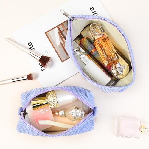 SOIDRAM 2 Pcs Corduroy Makeup Bag Large Cosmetic Bag Toiletry Bag Makeup Pouch Travel Bag Organizer Cute Makeup Brushes Aesthetic Accessories Storage Bag for Women Blue - color: Blue #06