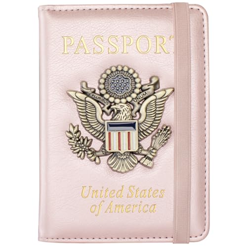 Passport Holder and Card Slot Combo RFID Blocking Leather Travel Passport Wallet for Men and Women US Passport Cover,Rose Gold - color: Rose Gold