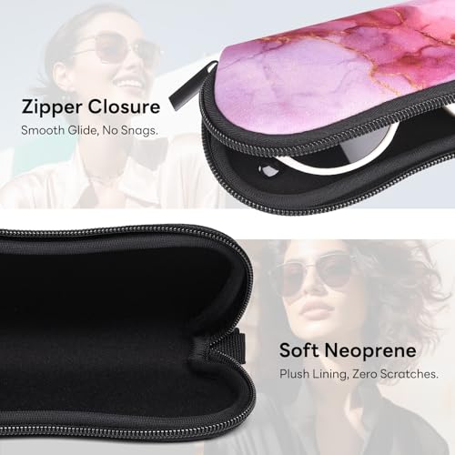 Sunglasses Case with Belt Clip, Ultra Light Neoprene Zipper Soft Padded Glasses Case for Women Men - color: Pink Marble
