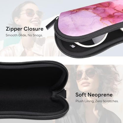 Sunglasses Case with Belt Clip, Ultra Light Neoprene Zipper Soft Padded Glasses Case for Women Men - color: Pink Marble