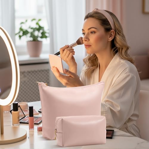 Kigeli 2 Pcs PU Leather Makeup Bag Set for Women Waterproof Aesthetic Cosmetic Bag Large & Small Travel Toiletry Organizer Pouch Skincare Organizer Bridesmaid Mother's Day Birthday Gift(Pink) - color: Pink