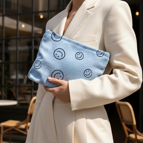 Smiley Face Makeup Bag - Cute Blue Corduroy Small Toiletry Bags for Women, Soft Mini Skincare Organizer, Small Zipper Pouch For Travel Use - color: Blue