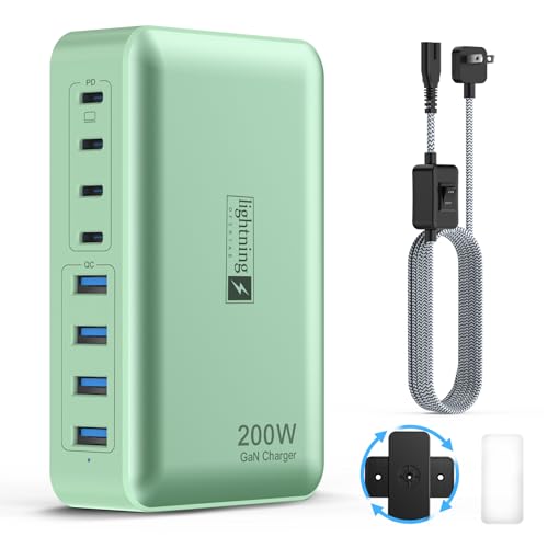 8-Port Multiple Charger Station 200W with Flat Plug, Braided Power Cord, and On/Off Switch- USB Charging Hub for iPhone, iPad, MacBook and More- 65W C Port Power Adapter for Laptops - color: 200W Charger Green