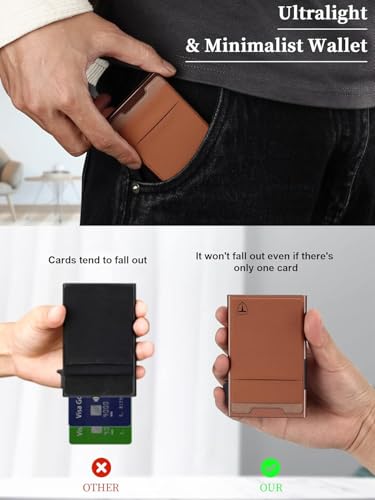 TOYFID Slim Wallet for Men - Pop Up Card Holder Wallet,Minimalist Business Wallet,Credit Card Wallet with Money Pocket,Metal Card Case Wallet,RFID Blocking,Can Hold 6 Credit Cards - color: brown B