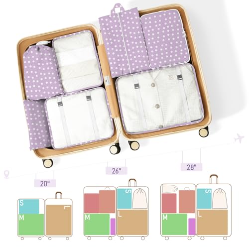 Packing Cubes for Travel - 8 Set Luggage Organizer Bags for Family, Mesh Breathable Packing Cubes for Suitcases Durable Travel Essentials Bags Set - color: Purple small white flowers