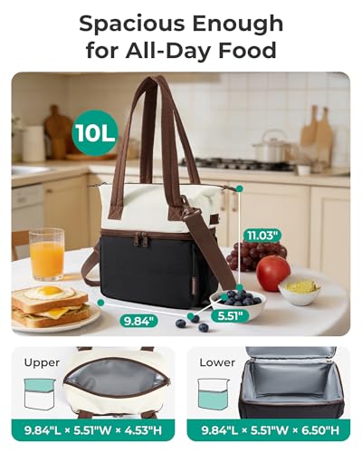BAGSMART Double Deck Lunch Bag Women, Insulated Reusable Lunch Box, Quilted Puffer Lunch Tote with Shoulder Strap, Durable Large Lunch Cooler For Work Picnic Travel Meal Prep Flight, Black - color: Black