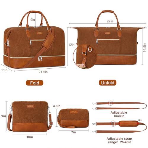 ITIEZY Weekender Overnight Bag for Women - Large Travel Duffel Bag with Shoe Compartment, Gym Duffel Bag Hospital Bag Carry On Tote Bags for Airplanes with Crossbody Bag Toiletry Bag 3Pcs Set - color: 8a-Brown