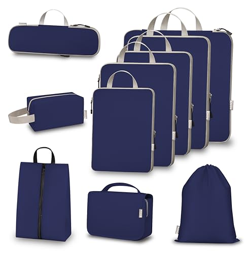 10 Set Compression Packing Cubes for Travel, Expandable Packing Organizer with Hanging Toiletry Bag, Shoe Bag & Accessories Bag, Ultralight Storage Travel Bags for Carry-on Luggage, Blue - color: Blue, size: Set of 10