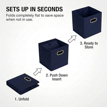 Household Essentials Fabric Storage Bins 6 Piece Set, Strong Poly-Woven Fabric, Sturdy Chipboard Sides, Grommet Front Handle, Stackable and Foldable, Classic Design, Navy - color: Navy, size: 11” L x 11” W x 11” H