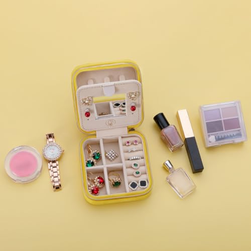 ZPROW Plush Velvet Travel Jewelry Case, Organizer, Box, Small Case for Women, Earring Organizer with Mirror, Best Gifts For Daughter, Girlfriend, Mom | Gifts For Her - Yellow - color: Velvet 1 Pack - Yellow