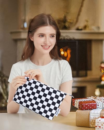 Narwey Small Checkered Makeup Bag for Purse Small Cosmetic Bag Women Travel Makeup Pouch Zipper Pouch (Black Checkerboard) - color: AB-Black Checkerboard