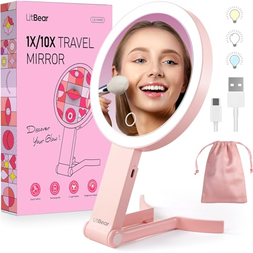 LitBear Travel Makeup Mirror with Lights, Rechargeable Double-Sided 10X/1X Magnifying Mirror, Portable Lighted Beauty Mirror, 3 Color Lighting, Dimmable Touch Screen, Tabletop Handhold Hanging (Pink) - color: Pink