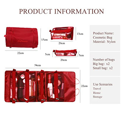 LumiSyne 4 In 1 Detachable Toiletry Bag Hanging Roll-Up Makeup Bag Large Capacity Travel Wash Bag Mesh Cosmetic Bag Portable Foldable Toiletry Bag Waterproof Cosmetic Organizer Bag For Travel Daily - color: Red