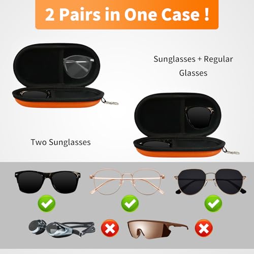Double Eyeglasses Case, Hard Shell Dual Sunglasses Organizer with Zipper Clip Travel Glasses Storage for Women Men - color: Orange