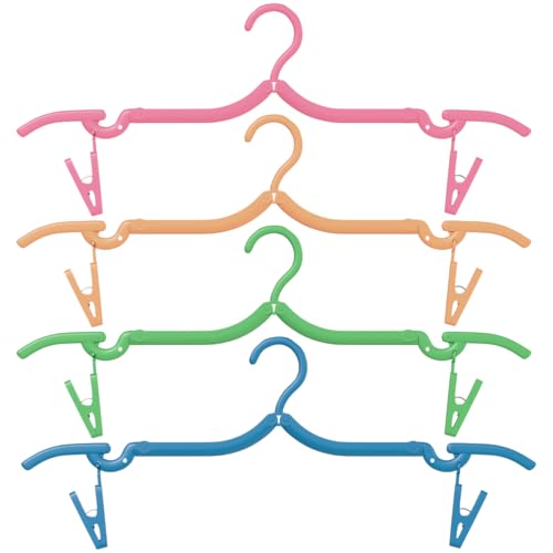 Portable Folding Clothes Hangers with Clips, Travel-Friendly Hangers, Lightweight, Durable, Compact Foldable Drying Rack for Shirts, Dresses, Coats, Pants, Towels, Baby Clothes, Pack of 4, Multicolor - color: Travel Hangers – With Clips, size: 4 Pack