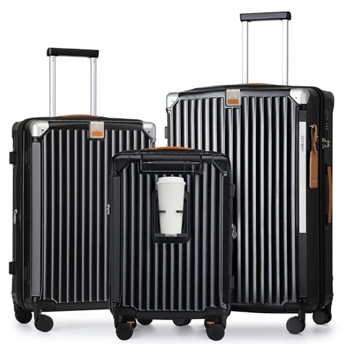 Joyway 3 Piece Set Hardside Expandable Luggage with USB Charging Port and Cup Holder, TSA Lock Spinner Wheels Suitcase for International Travel, Lightweight Carry On Checked Baggage, Black - color: Black, size: 3 piece set (20/24/28inch NEW)