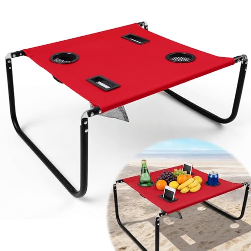 Portable Beach Table Foldable Camping Picnic Table with Cup Holder and Phone Pockets Lightweight Stable for Tailgate Travel Fishing Hiking and Outdoor Adventures(Red,Solid Pattern) - color: Red