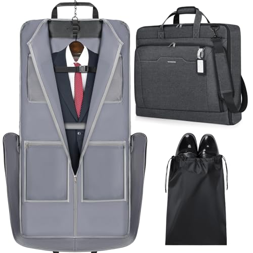 RAINSMORE Garment Bags for Travel Carry On Garment Bag for Hanging Clothes, Suit Bag for Business Trips with Shoes bag & Shoulder Strap, Waterproof Foldable Suit Luggage Bag for Men Women, Gray - color: Grey