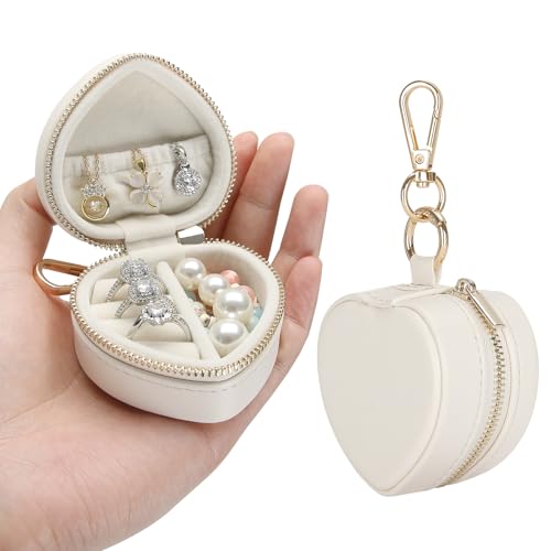 KUKUVR Mini Heart Jewelry Box with Keychain, Portable Travel Jewelry Organizer Case for Rings Earrings Necklaces, Small Gift for Women Travel Gym Daily Use (White) - color: White