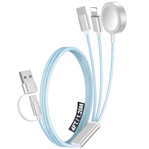 1Pack Multi Charging Cable Cord for Travel Essentials,Apple Watch Charger,iPhone Charger,[3-in-2] Type C/L Cable Portable Designed for iWatch,iPhone 17-8,Galaxy S26-21,AirPods,iPad-4FT Blue - color: Blue, size: 1Pack-4FT