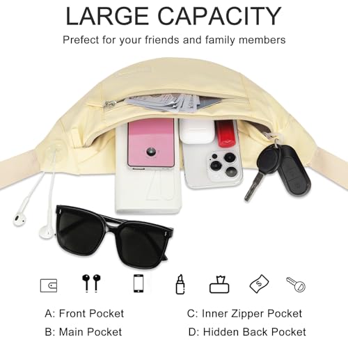 MAXTOP Large Crossbody Fanny Pack with 4-Zipper Pockets,Gifts for Enjoy Sports Festival Workout Traveling Running Casual Hands-Free Wallets Waist Pack Phone Bag Carrying All Phones - color: Pale Yellow, style: Large Fanny Pack(4 Zipper Pockets)