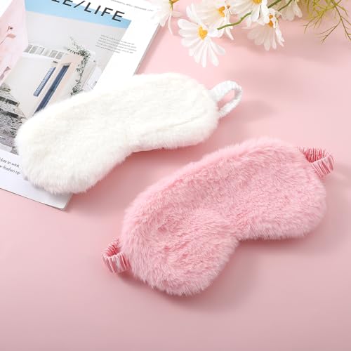 2 Pcs Plush Fluffy Eye Mask Soft Sleeping Blindfold Eye Cover Comfortable Furry Faux Fur Sleeping Mask Satin Nap Night Eyeshade Cover for Women Men Gift (White, Pink) - color: White&pink