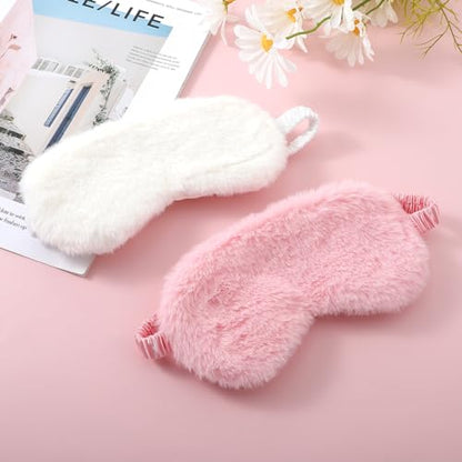 2 Pcs Plush Fluffy Eye Mask Soft Sleeping Blindfold Eye Cover Comfortable Furry Faux Fur Sleeping Mask Satin Nap Night Eyeshade Cover for Women Men Gift (White, Pink) - color: White&pink