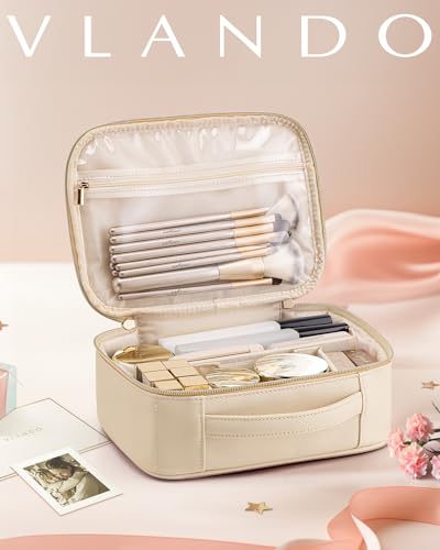 VLANDO Travel Makeup Bag,Portable Cosmetic Bag Makeup Case Organizer, Makeup Bag with Adjustable Dividers for Women,Girls,Wedding,Cosmetic Brushes,Toiletry,Gifts,Anniversary-Beige - color: B.White-Medium