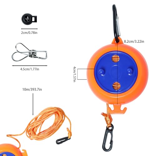 Camping Retractable Clothesline, Adjustable 32ft/10M Camping Clothesline, Portable Travel Clothesline with 20 Clothespins,10 Stoppers
